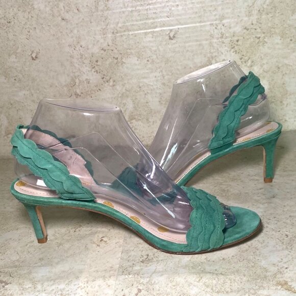 Boden Green Scalloped Suede Open-Toe Slingback Sandal Heels Casual Holiday - Picture 4 of 8